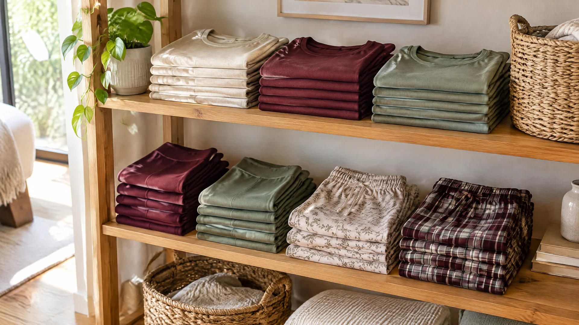 Folded tees, leggings and pajama pants stacked on open shelves beside a basket