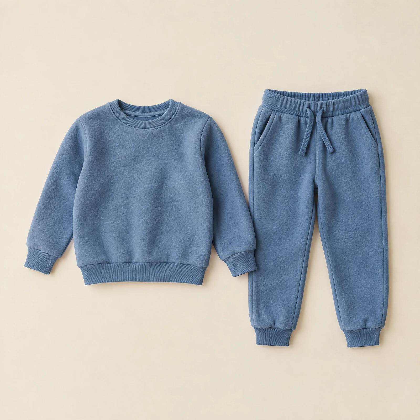 Dusty blue kids' crewneck sweatshirt and matching jogger pants laid flat