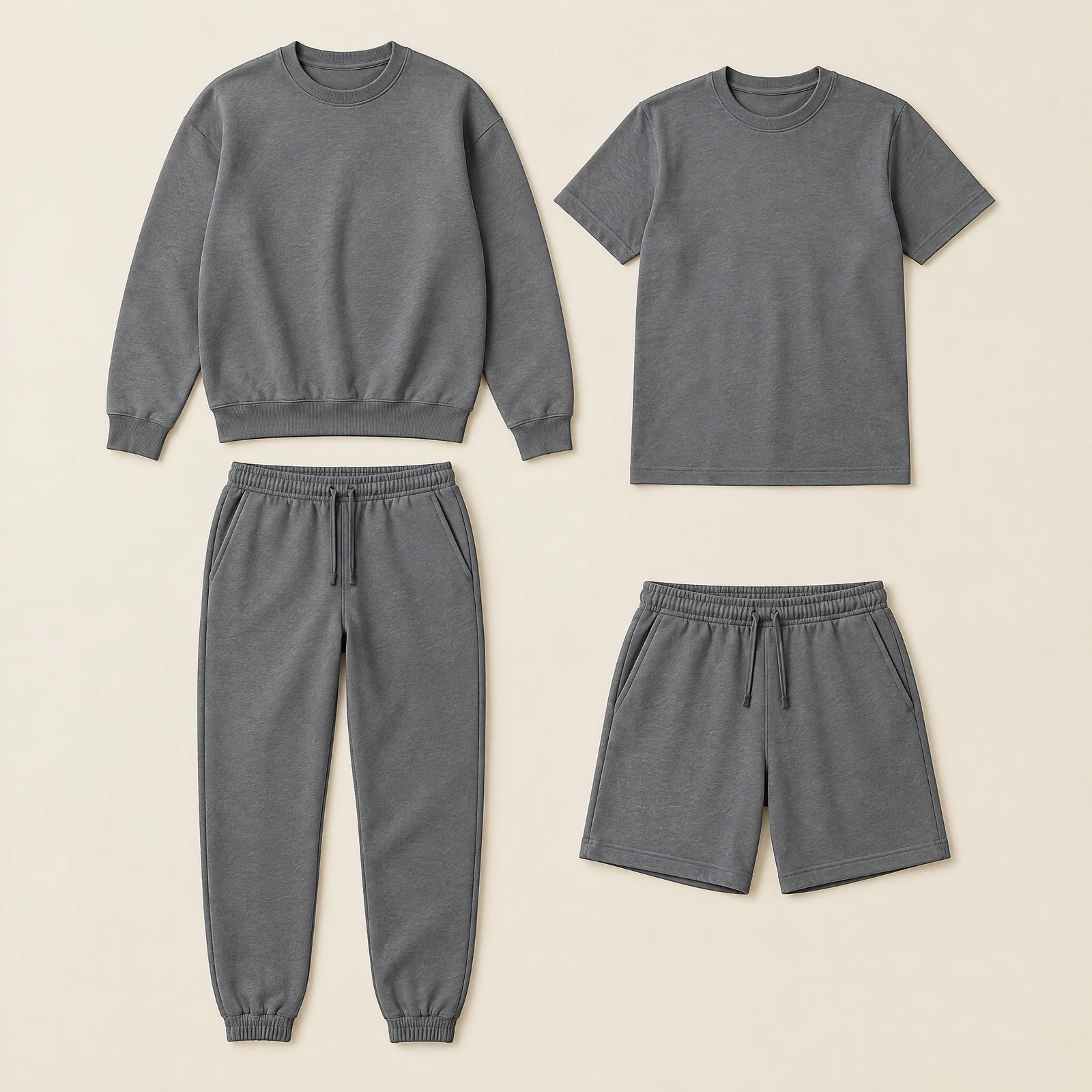 Slate grey men's crewneck sweatshirt, tee, jogger pants and shorts laid flat